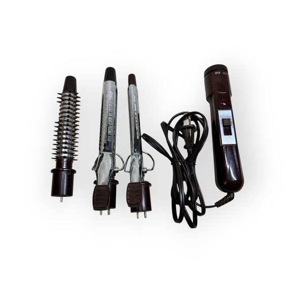 Vintage Brown & Chrome Hair Curling Iron Set - Interchangeable Barrels - Retro - Picture 1 of 7